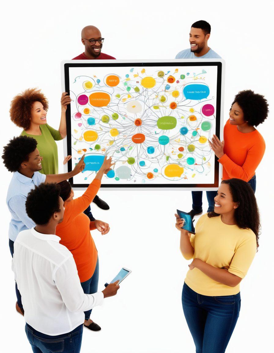 A diverse group of people engaging around a large digital tablet displaying a vibrant blog, with speech bubbles representing discussions and ideas bursting around them. Include elements that symbolize community growth, such as plants sprouting and interconnected lines symbolizing networking. The atmosphere should feel warm and inviting, showcasing connections and collaboration. super-realistic. vibrant colors. white background.