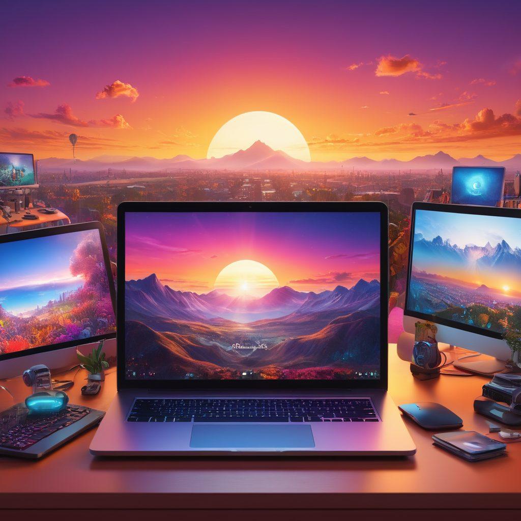 A vibrant digital landscape filled with diverse content creators passionately working on various devices, such as laptops and cameras, amid colorful visuals representing different online content types like blogs, videos, and podcasts. The background showcases a sunrise symbolizing new beginnings and opportunities in online entrepreneurship. super-realistic. vibrant colors. 3D.